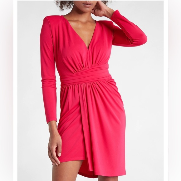 Express Draped V-Neck Strong Shoulder Mini Dress Flamingo Pink XXSP - Picture 3 of 11